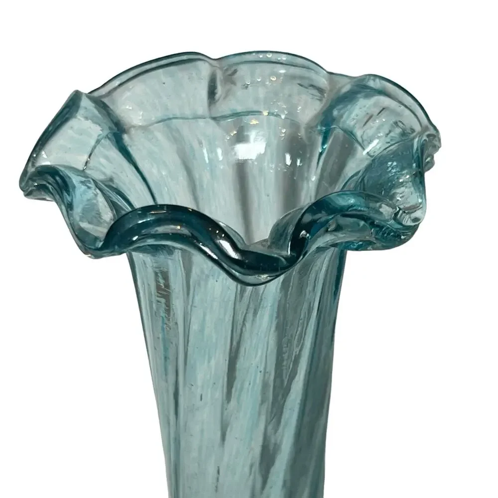 Vintage 40s Venetian Blue Blown Art Glass Vase Footed Bud 8 Inch Murano Italy